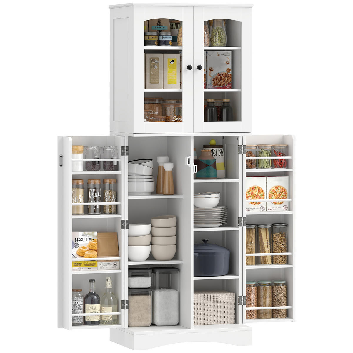 BUFFET DE-11343 Vitrine mit 4 Acryltüren & 8 Gewürzregalen Weiß - Weiß, Holzwerkstoff (40/162/60cm) - ComfortXL