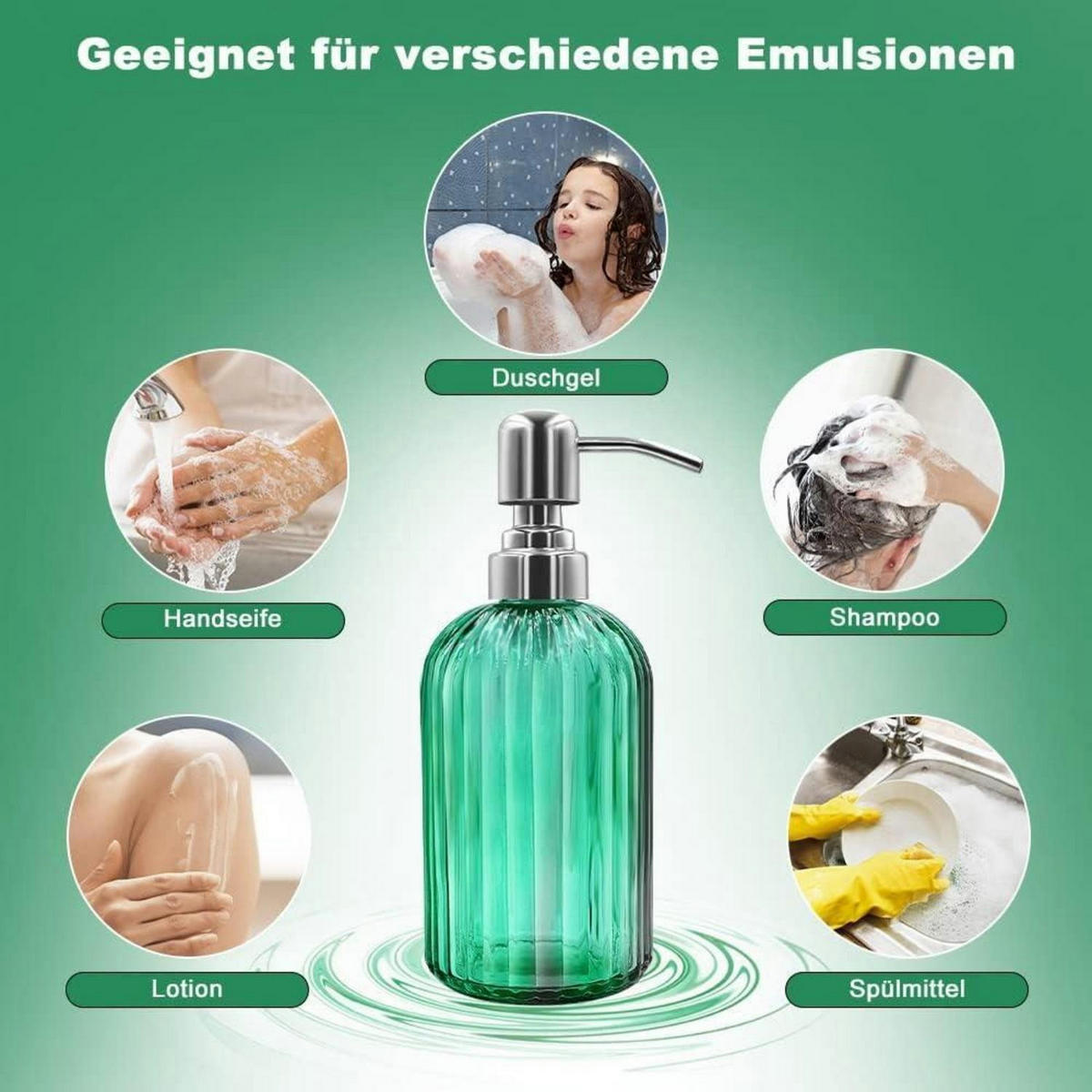 SEIFENSPENDER Glas Grün mit Edelstahlpumpe - Grün, Glas (6.6/18.5/6.6cm)