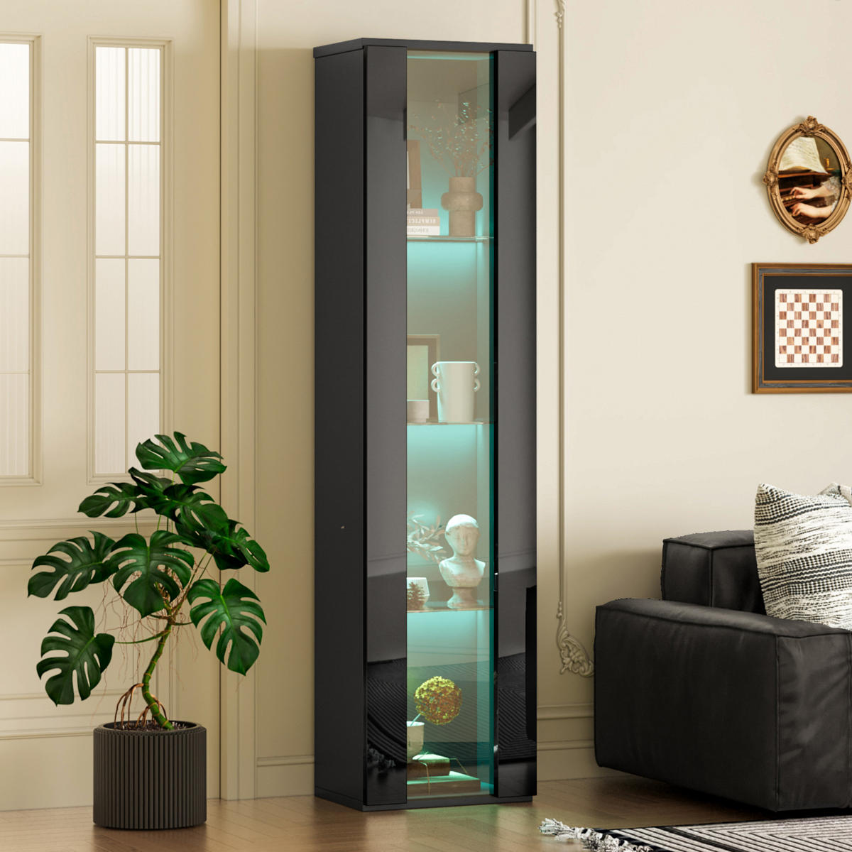 VITRINE mit Acrylglas 4 Ebenen LED Farbwechsel Fernbedienung/APP Spanplatte Transparent Design - Transparent/Schwarz, Glas/Holzwerkstoff (40/170/29cm) - EVRYAE