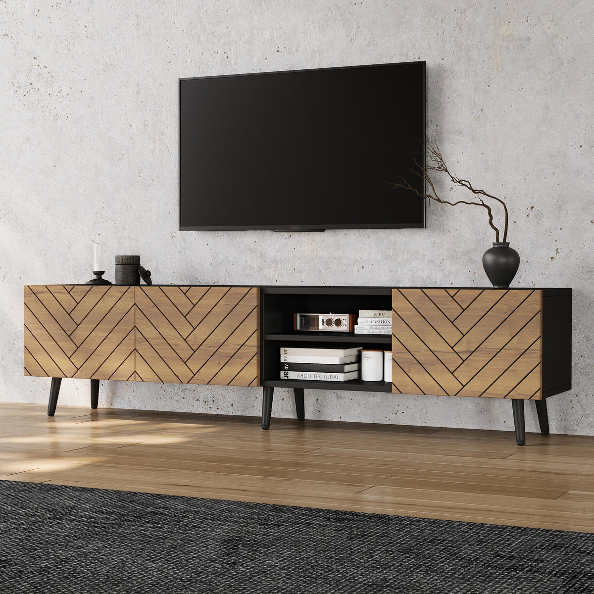 TV-RACK 180/33.5/45 cm Schwarz mit geräuschlosen Scharnieren - Schwarz, Holz (180/45/33.5cm) - Oxeza