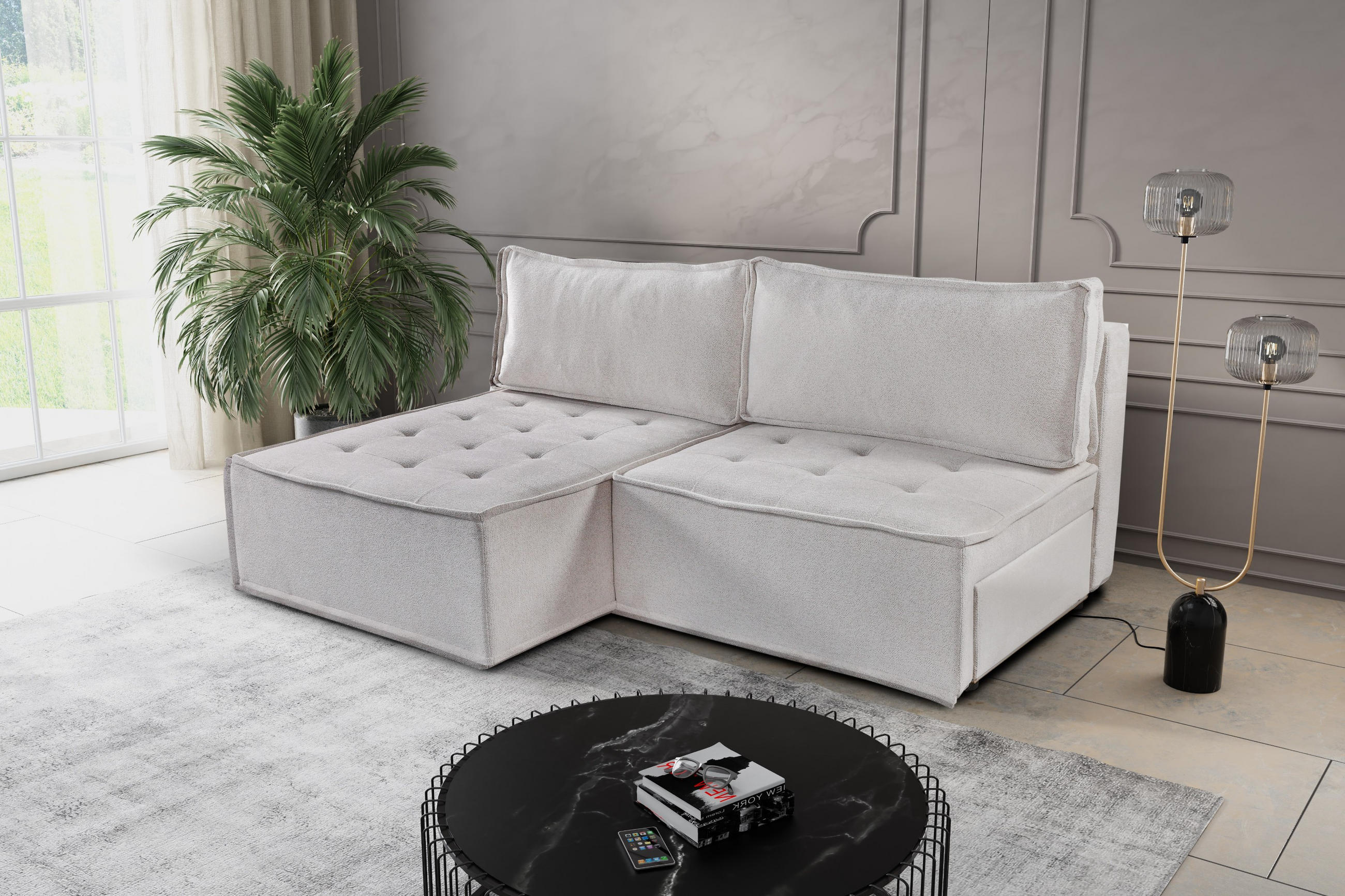 ECKSOFA Bohoo Mini Modernes Mit Schlaffunktion Hellbeige Links - Ecru, Holz (140/200cm) - Kaiser Möbel