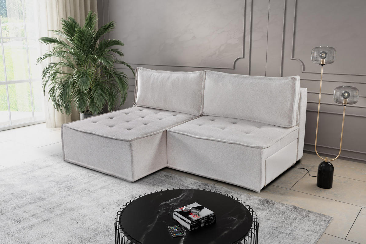 ECKSOFA Bohoo Mini Modernes Mit Schlaffunktion Hellbeige Links - Ecru, Holz (140/200cm) - Kaiser Möbel