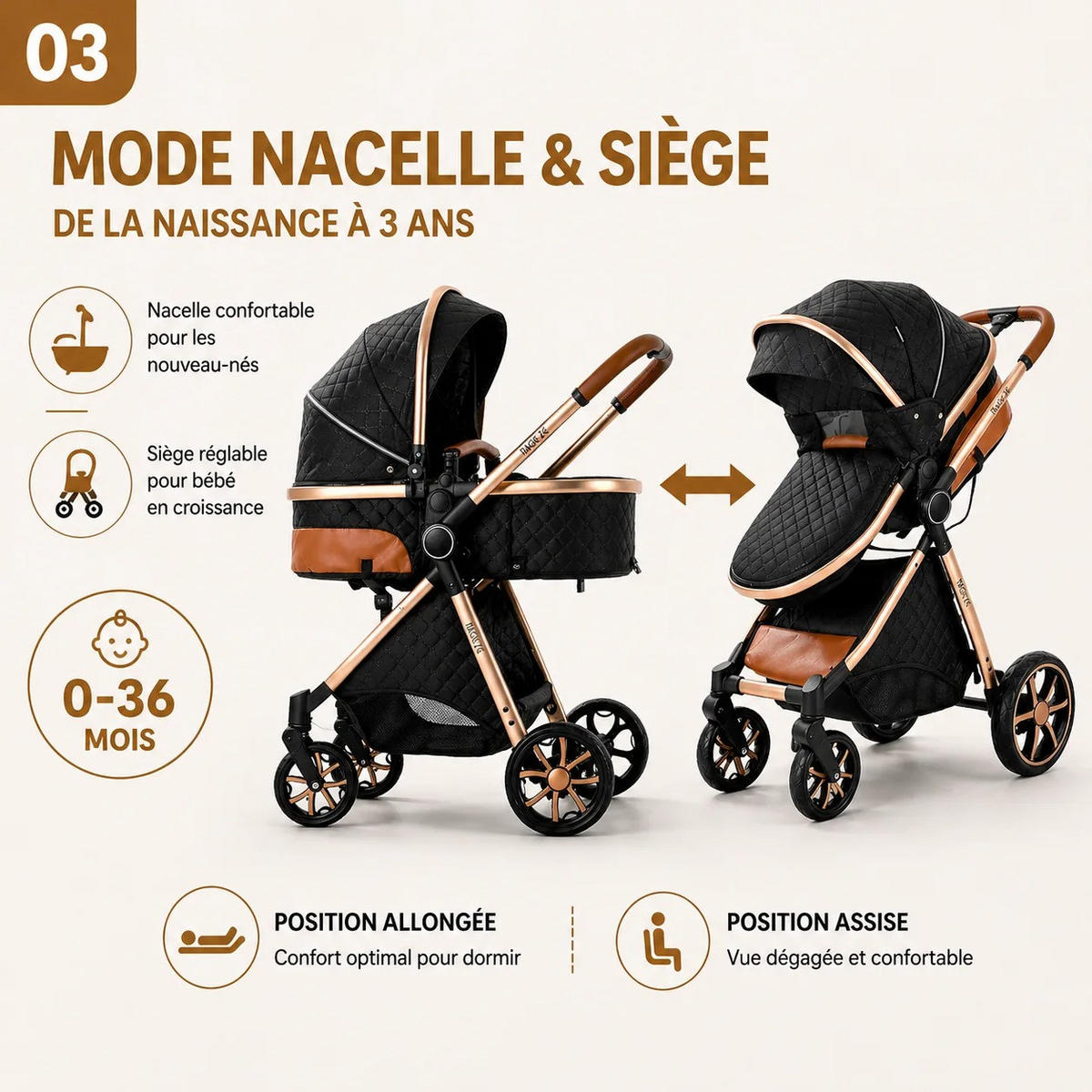 KINDERWAGENSET 3-in-1 mit Autositz, höhenverstellbarer Rückenlehne, wendbarem Sitz, Federung, Verdeck mit UV-Schutz für Babys, hellgrau - Hellgrau, Metall (80/60cm) - Kaket