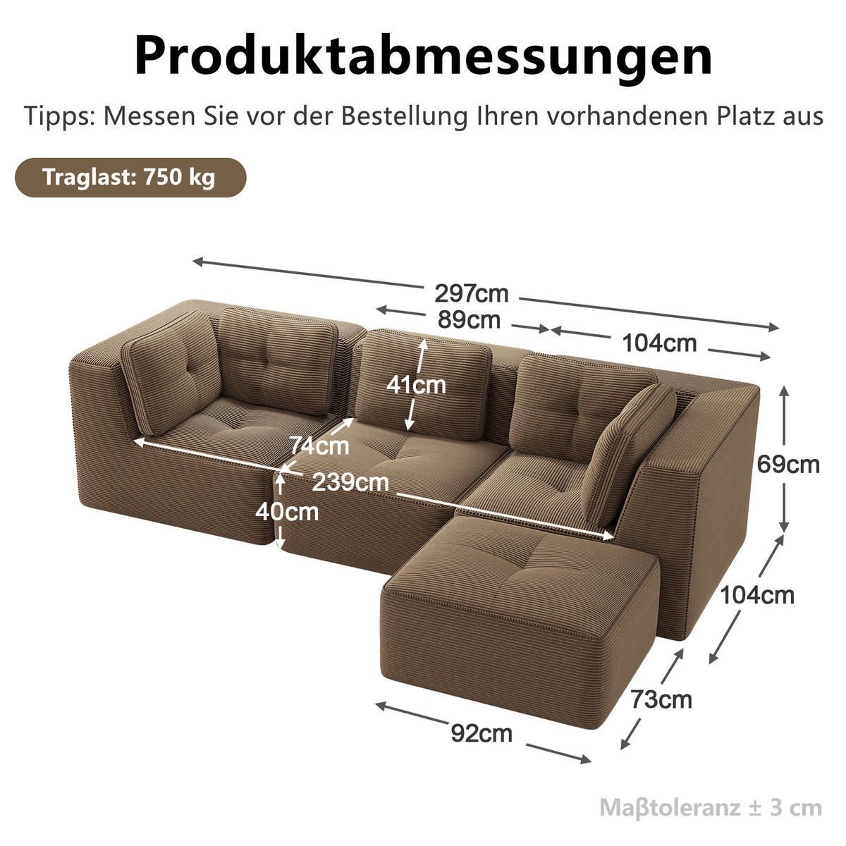 ECKSOFA 297/177/69 cm Braun Cord mit 1 Fußhocker - Braun, Textil (297/177cm) - Oxeza