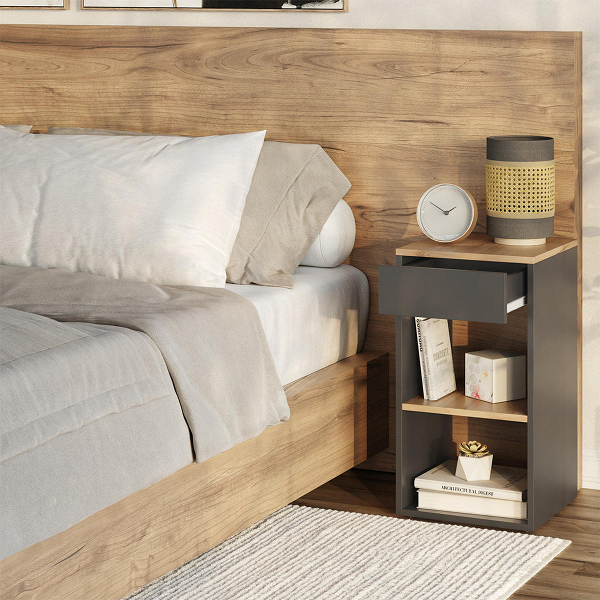 NACHTTISCH Dany Anthrazit 35 x 65 cm mit 1 Schublade - Honigeiche/Anthrazit, Holzwerkstoff (35/65/35cm) - Vicco