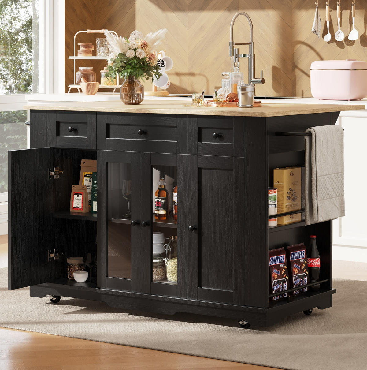 KÜCHENINSEL 151,5/60/91,7 cm aus MDF, Metall und Glas mit klappbarer Tischplatte Schwarz/Natur - Schwarz, Holzwerkstoff (151.5/91.7/85cm) - Modenvie