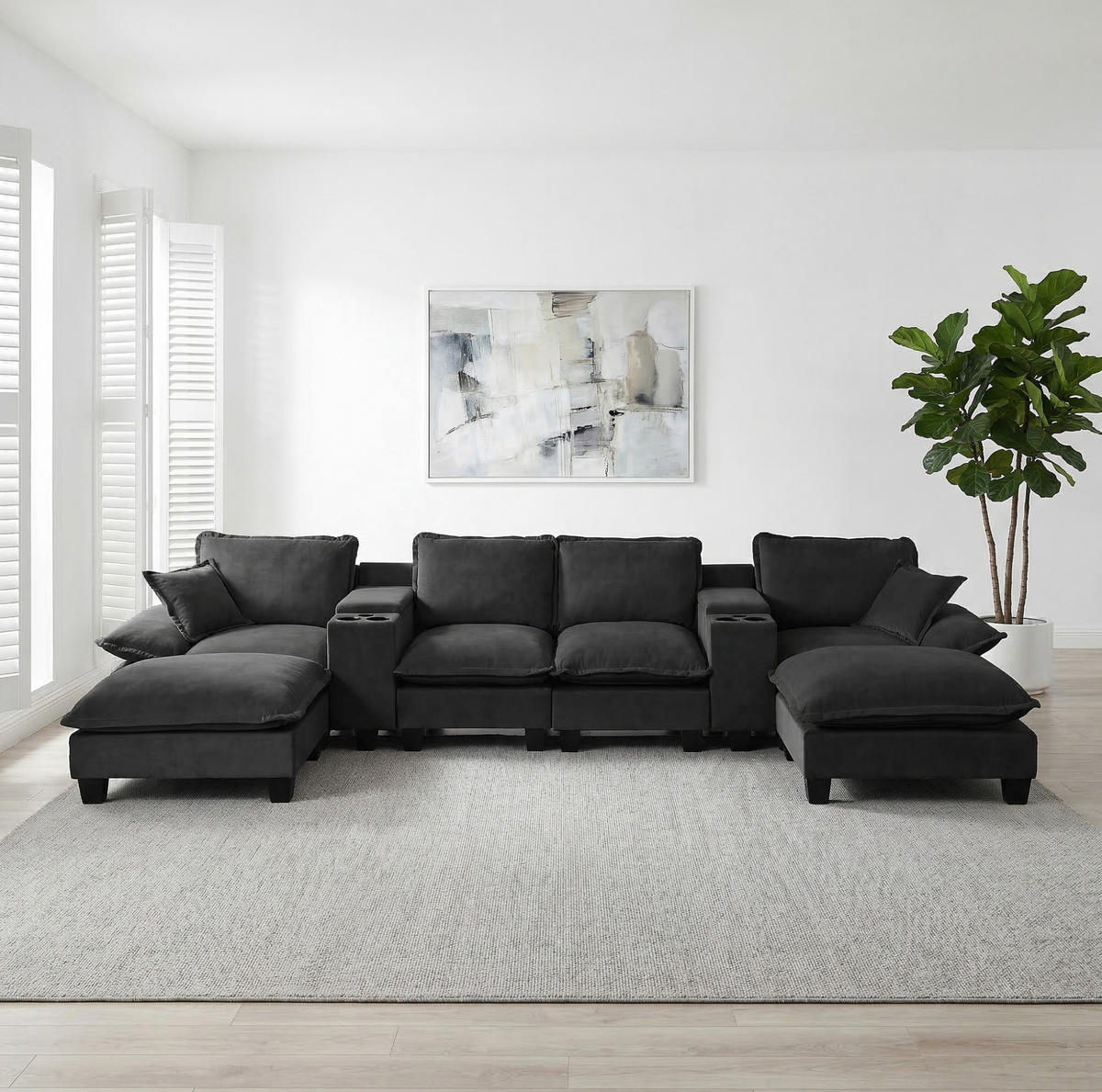 WOHNLANDSCHAFT aus Chenille 392x151x90 cm Schwarz mit USB-Anschluss, Stauraum, Getränkehaltern und 2 Ottomanen - Schwarz, Textil (392/90/151cm) - Modfu