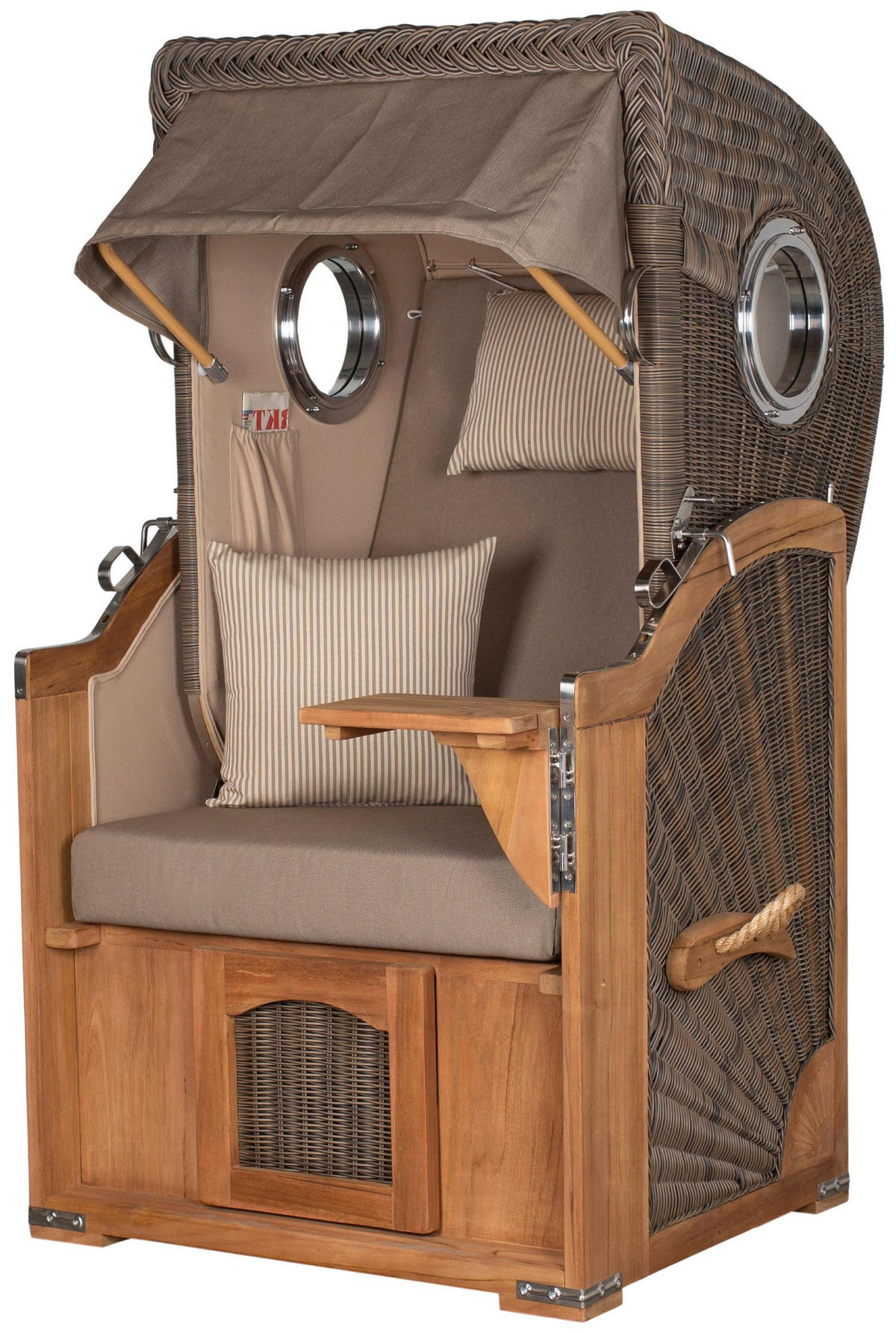 STRANDKORB Komplettset: Ammersee Single Teak Bullauge - PE grau - Modell 534 - Beige/Braun, Holz/Kunststoff (96/165/80cm) - bene living