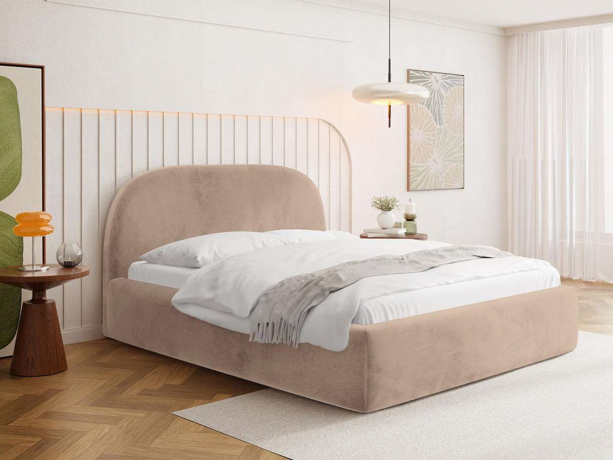 POLSTERBETT Puro mit Bettkasten, Dunkelbeige Samt 140 x 200 cm – mit Metall-Lattenrost - Hellbraun/Beige, Kunststoff/Textil (140/200cm) - WFL GROUP