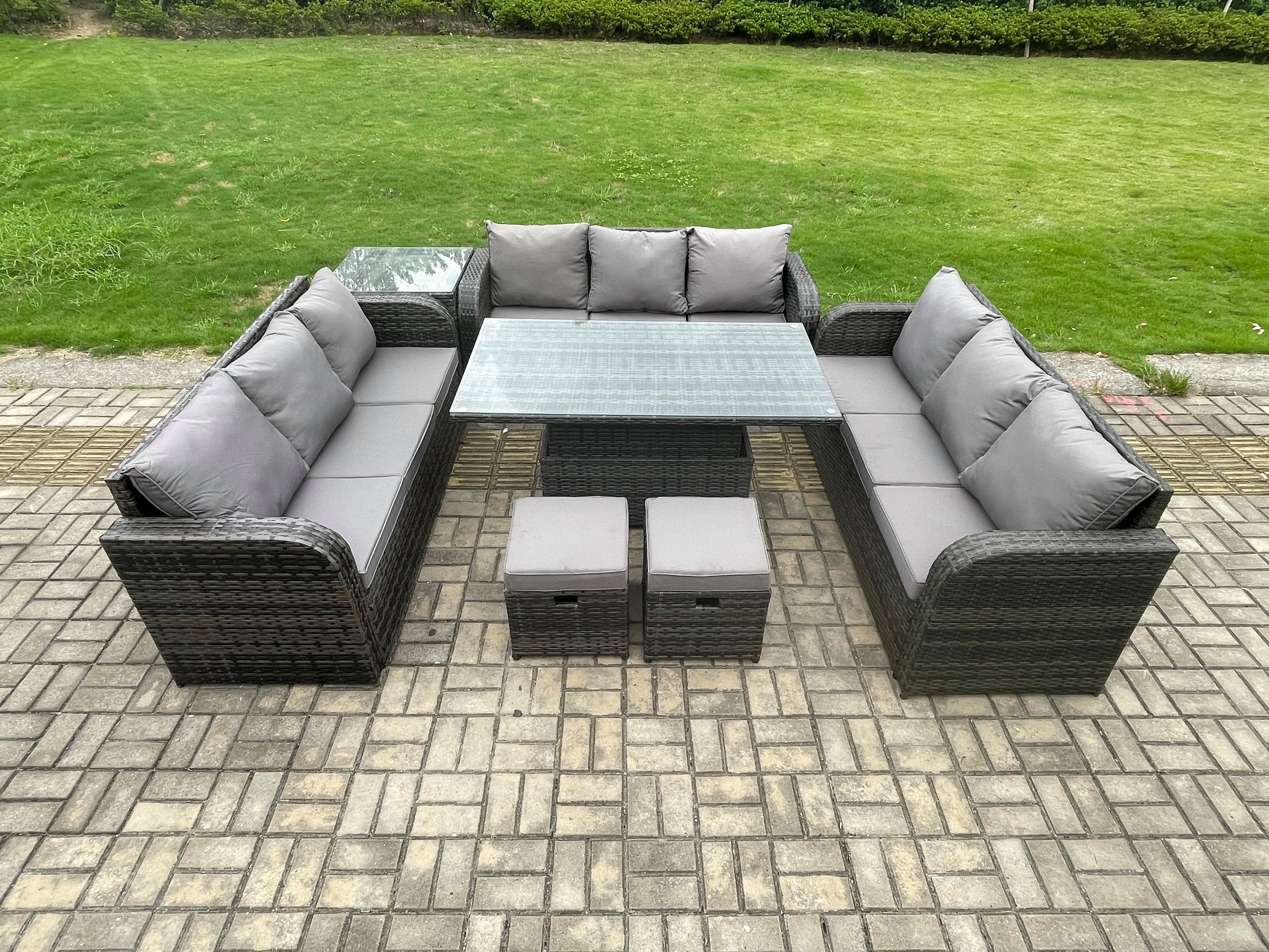 GARTENSOFA SET Polyrattan 11-Sitzer - Dunkelgrau/Grau, Glas/Kunststoff - Fimous
