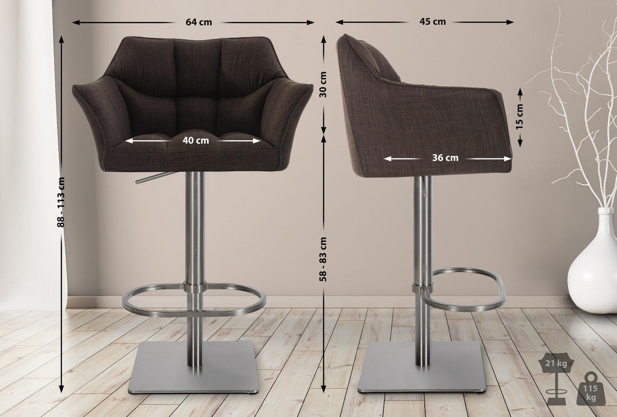 BARHOCKER 2er Set Stoff Braun - Edelstahlfarben/Braun, Textil/Metall (64/88/45cm) - CLP