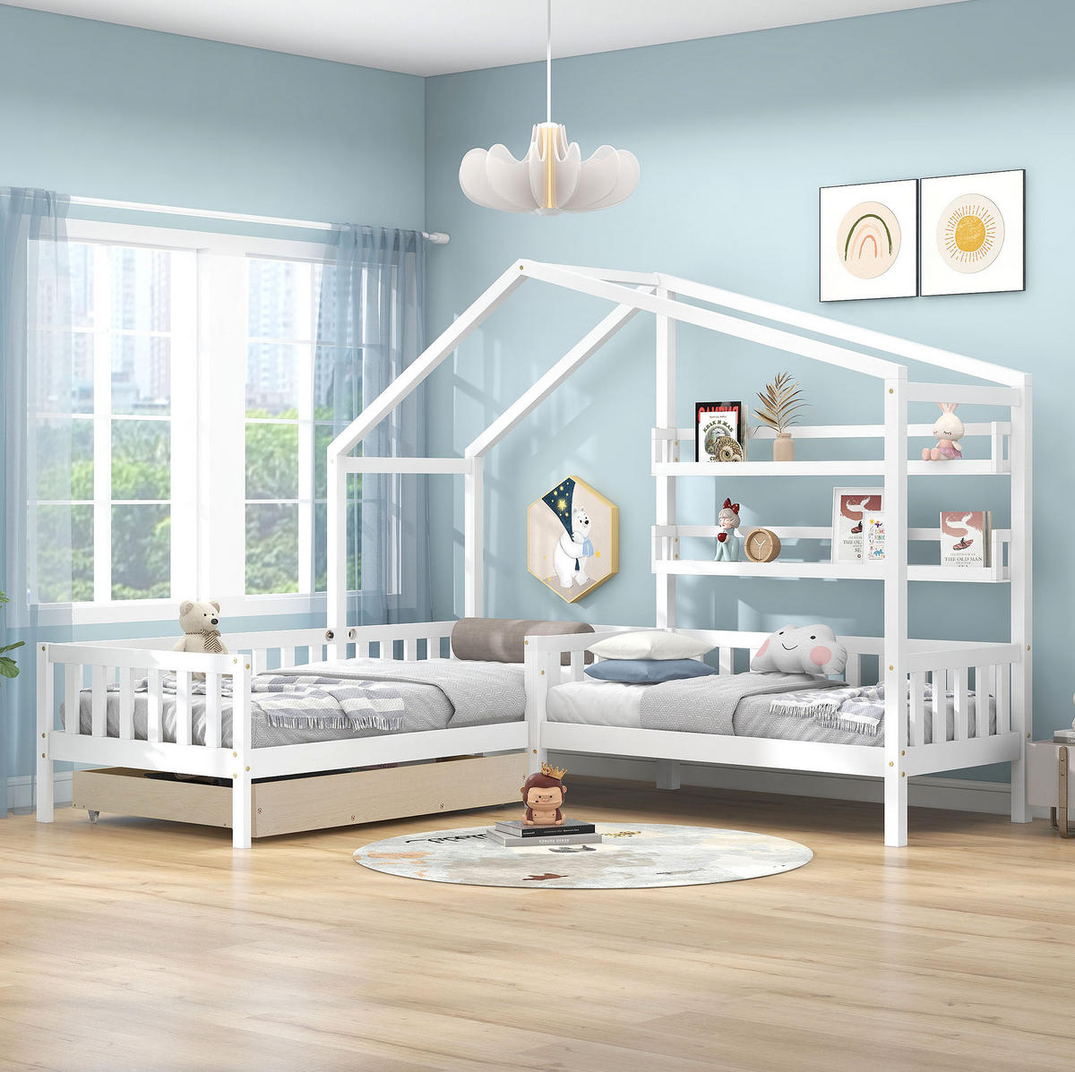 KINDERBETT 90/200 cm und 70/140 cm Hausbett L-Form mit Schubladen und Regalen, weiß, ohne Matratze - Weiß, Holz (90/200cm) - MIVRAY
