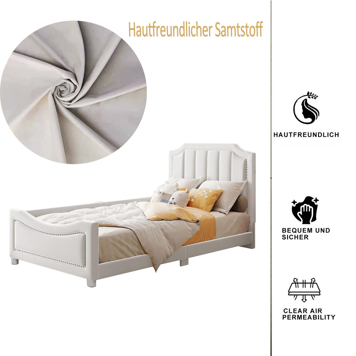 POLSTERBETT Kinderbett 90x200 cm Schlafsofa Flanell Bettgestell mit Rückenlehne & Armlehne Beige - Beige, Holz - Ej. Life