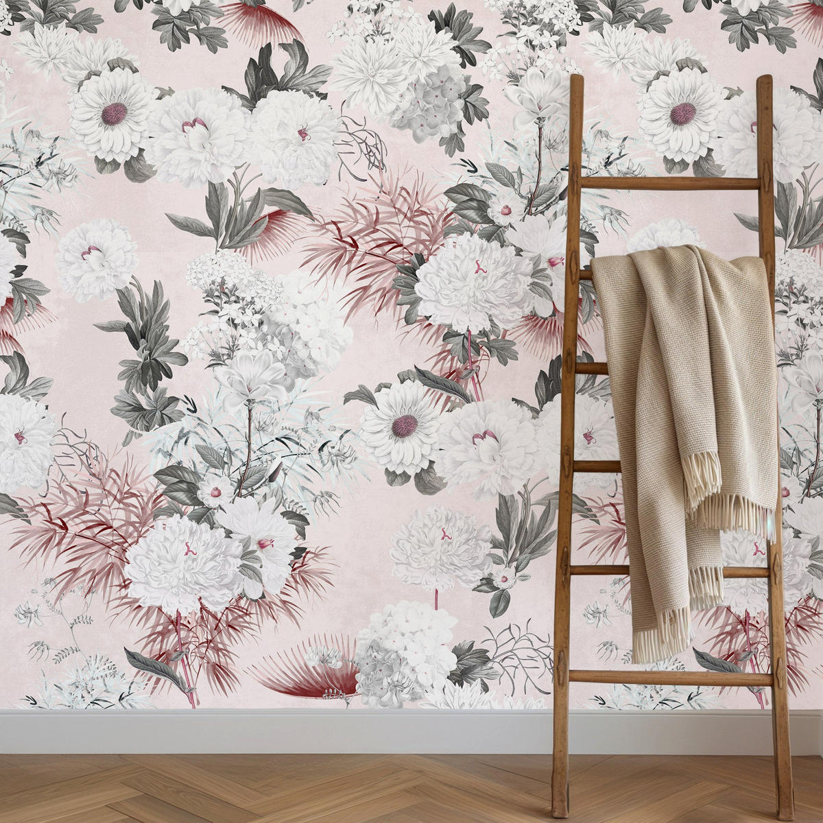 TAPETE Blumen in Puderrosa aus echtem Papier, 180x260cm, 2 Rollen - Pink, Papier (180/260cm) - WALLPAPERS4BEGINNERS