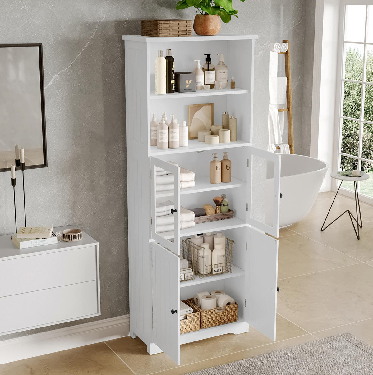 HOCHSCHRANK aus lackiertem MDF mit Glastür und verstellbaren Einlegeböden, 57,5/28,5/160 cm, Weiß - Weiß, Holzwerkstoff (57.4/160/28.5cm) - Redom