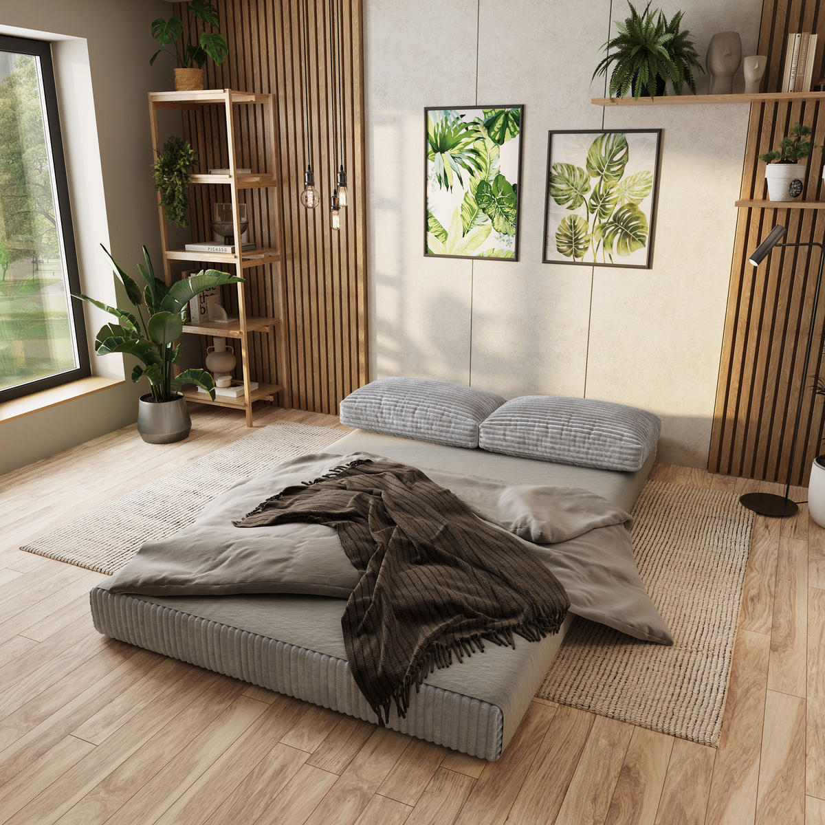 ECKSOFA ANKO modulares Boneless Sofa mit Schlaffunktion Hellgrau Cordstoff - Grau, Textil (270/160cm) - MASSENO