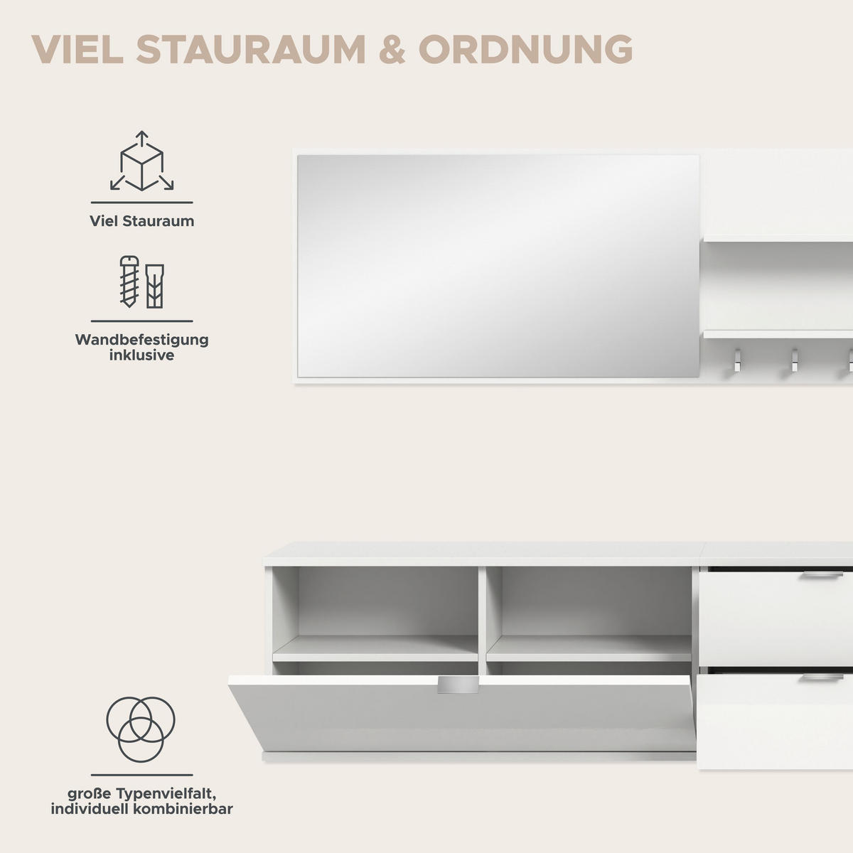 GARDEROBENKOMBINATION 6tlg. Projekt X Garderobe in weiß Nb. und weiß hochglanz B/H/T: 236x193x32 cm - Weiß, Holzwerkstoff (236/191/37cm)