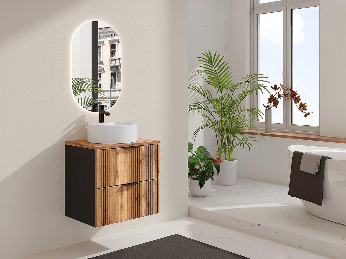 EINZELWASCHTISCH - 60cm x 46cm - MDF - schwarz, naturfarben hell - MADELA - Schwarz, Holz (60/57/46cm) - Vente-Unique