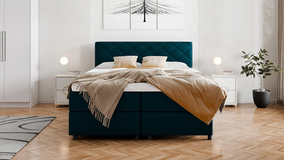 BOXBETT Diamaro 160x200 cm mit Bettkasten und Topper - Dunkeltürkis - Türkis, Holz (160/200cm) - Panda Möbel