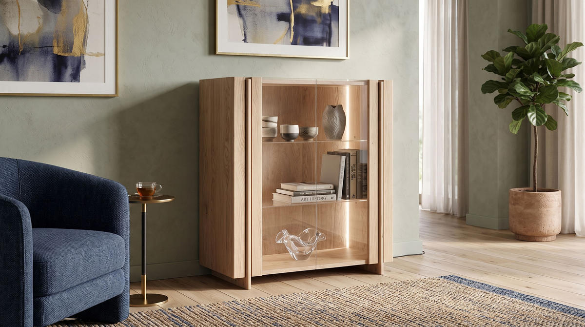 VITRINE Travertino Wildeiche gebleicht 100 / 46 / 106cm - Wildeiche, Glas/Holz (100/106/46cm) - Feldmann-Wohnen