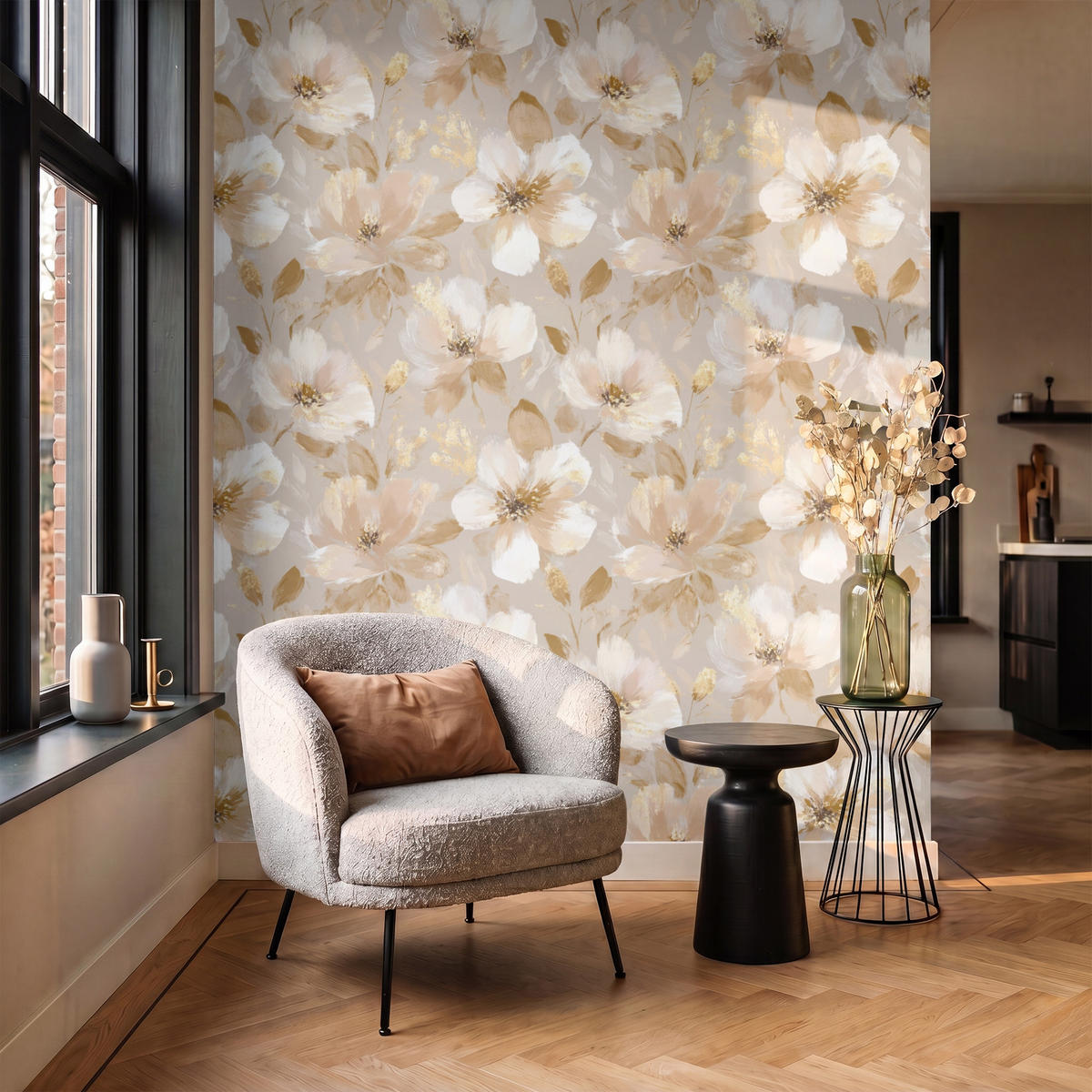 TAPETE - Blumen - künstlerisch - Gold - 200x240 cm - Beige, Papier (200/240cm) - OnlyWow
