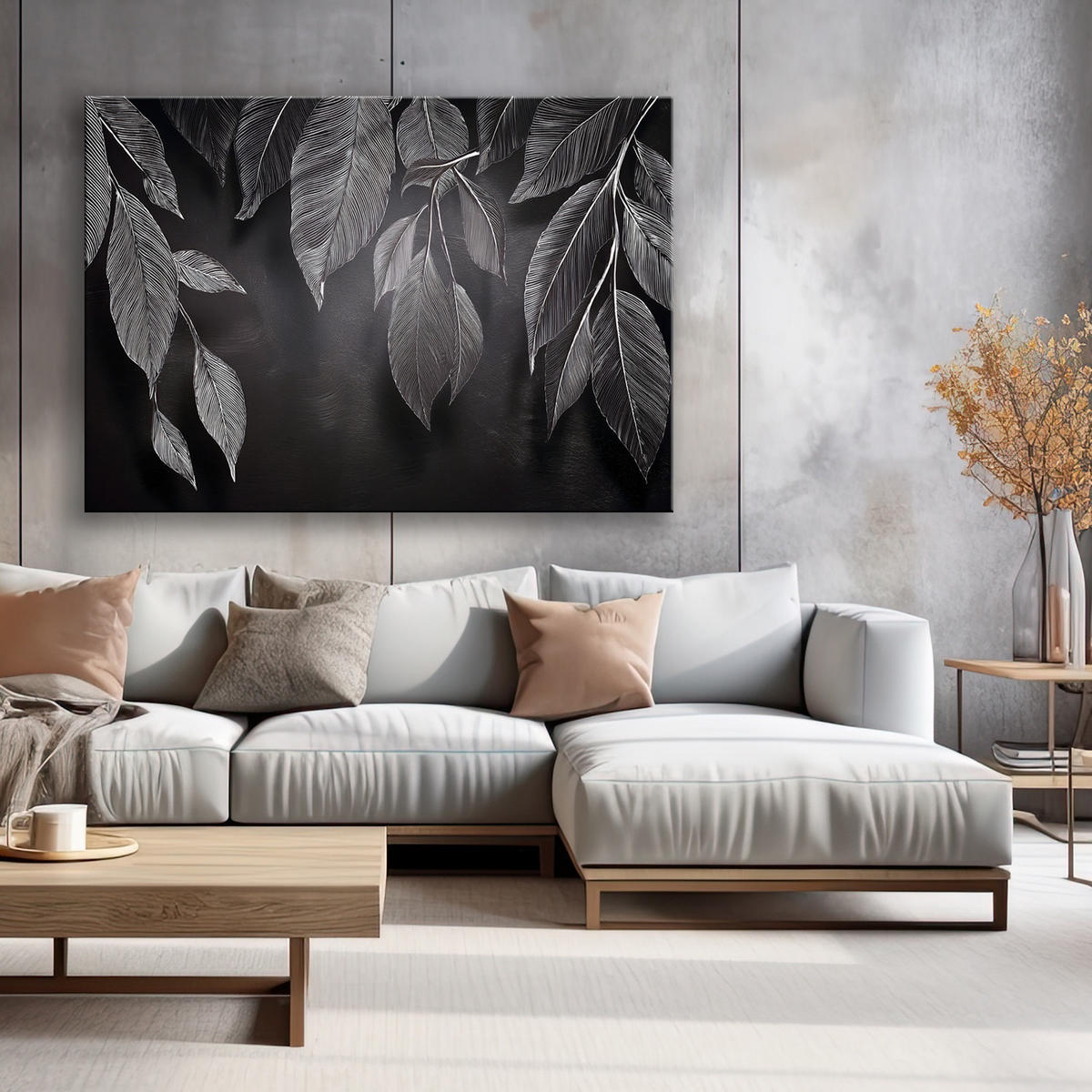 WANDBILD minimalismus hinterlässt pflanzen schwarz und weiß - Grau, Textil (60/40cm) - Feeby