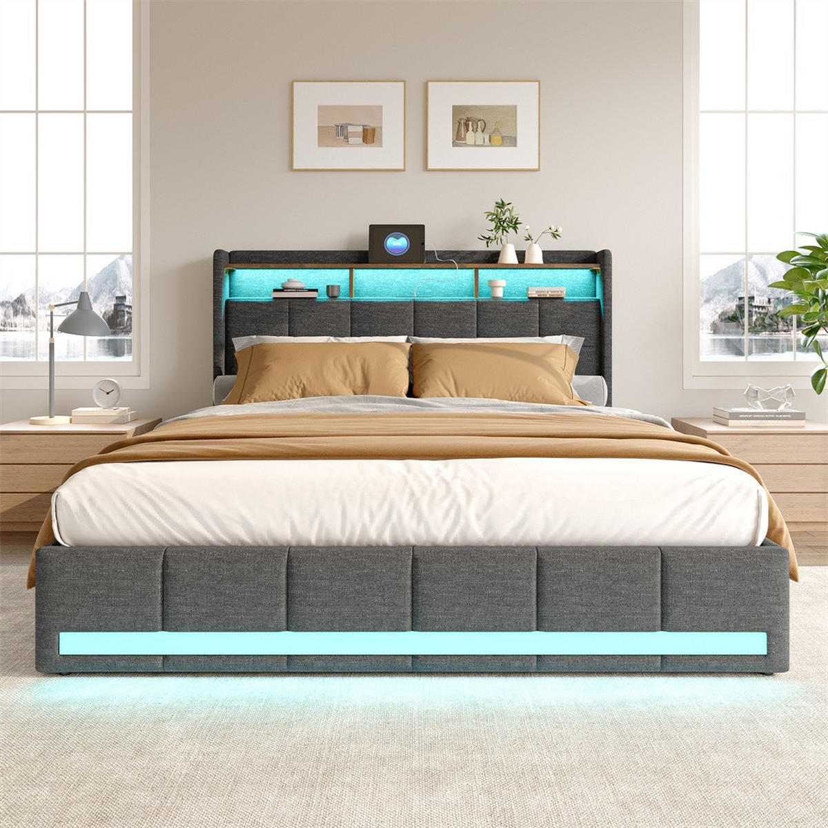 POLSTERBETT 180x200cm - Doppelbett mit 4 Schubladen - RGB-LED-Beleuchtung Ladestation - ohne Matratze - Grau - Grau, Textil (180/200cm) - DELFA