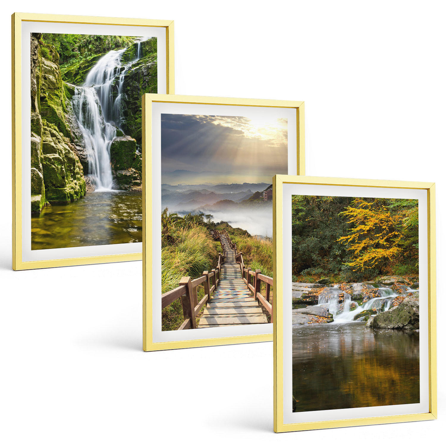 BILDER SET 3er Set - 40x60 cm Goldrahmen - Wasserfälle, Berge, Wolken, Herbst - Goldfarben, Kunststoff (40/60cm) - TULUP