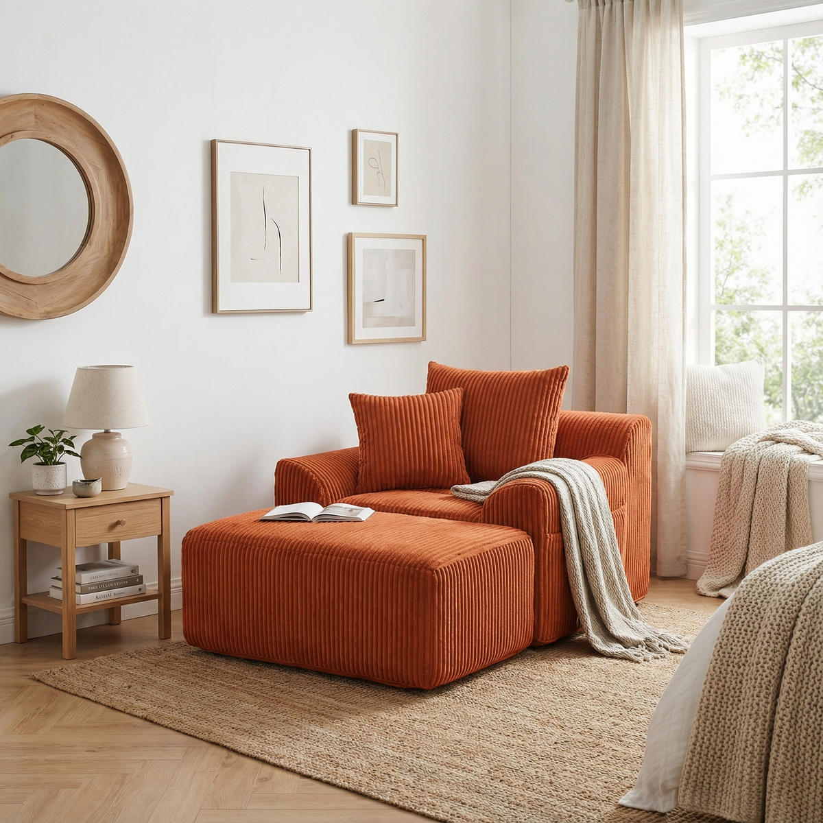 SESSEL mit Hocker in Cord Übergroßer Relaxsessel - Orange, Textil (147/67/110cm) - Urban Meuble