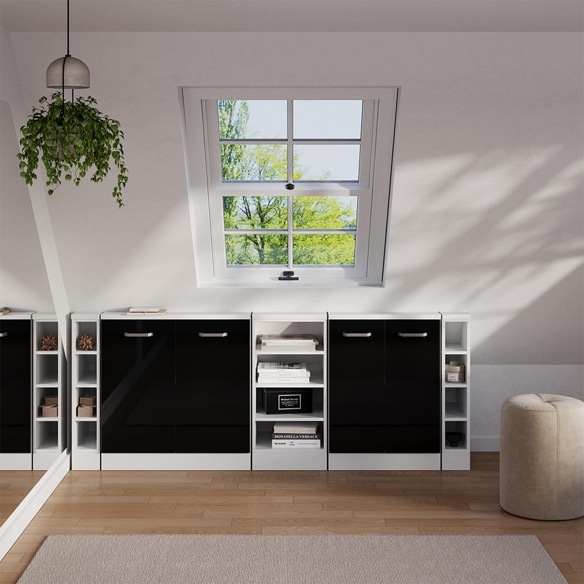 DACHSCHRÄGENSCHRANK-SET Rion Schwarz Hochglanz 5er Set - Schwarz Hochglanz, Holzwerkstoff (210/81.6/46cm) - Vicco