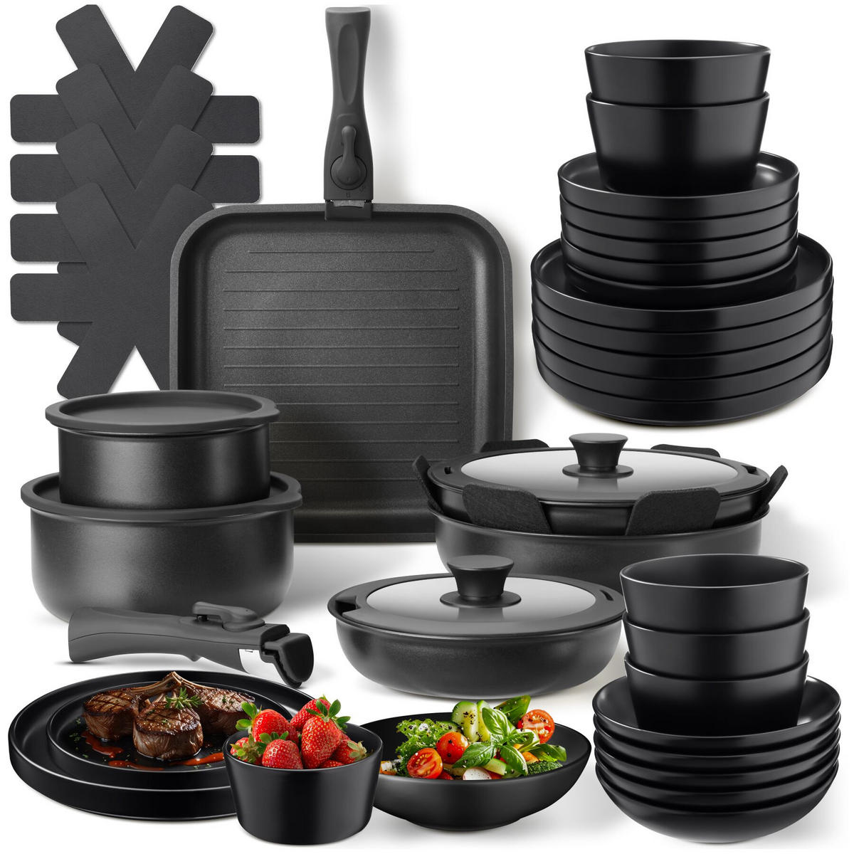 KÜCHENSTARTERSET 41er Set Una/Parma,inklusive Topfschonern und anklemmbaren Griffen,schwarz - Schwarz, Keramik - tectake