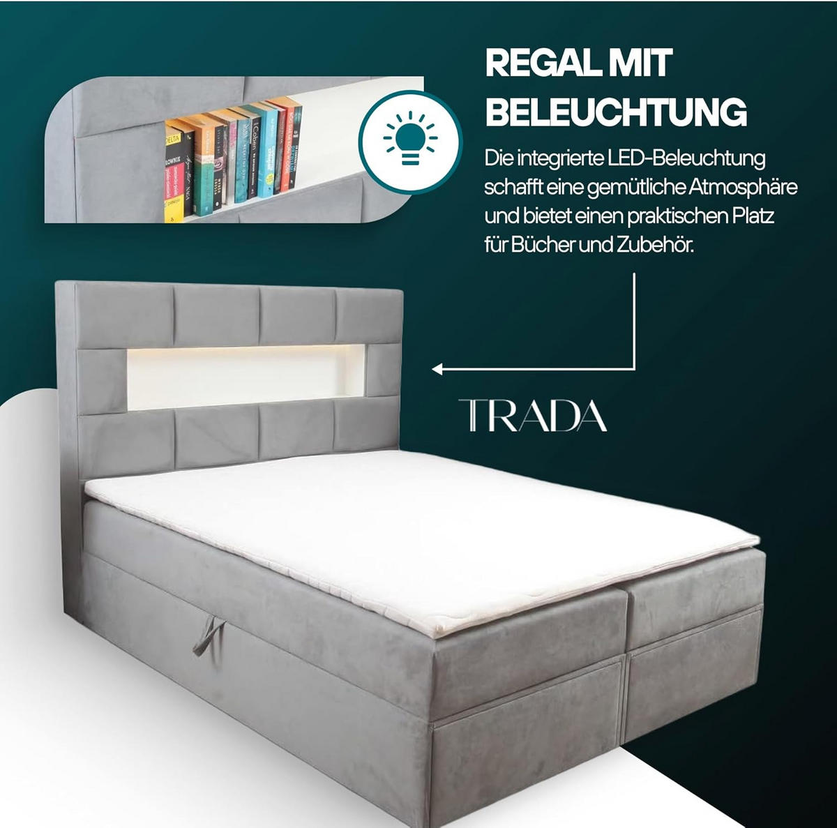 BOXBETT 200 x 200 cm mit Bettkasten und Matratze, LUX, LED Beleuchtung, Bücherregal und 2x USB, Grau - Grau, Holzwerkstoff/Kunststoff (200/200cm) - Trada