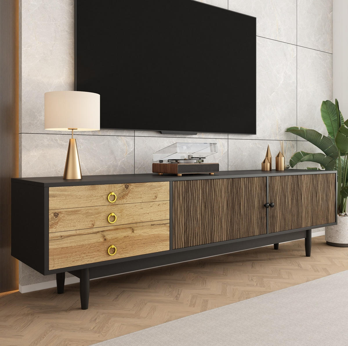 TV-LOWBOARD 180/38/50 cm mit 2 Türen, 3 Schubladen und Soft-Close - Schwarz, Holzwerkstoff (180/38/50cm) - BEAOK