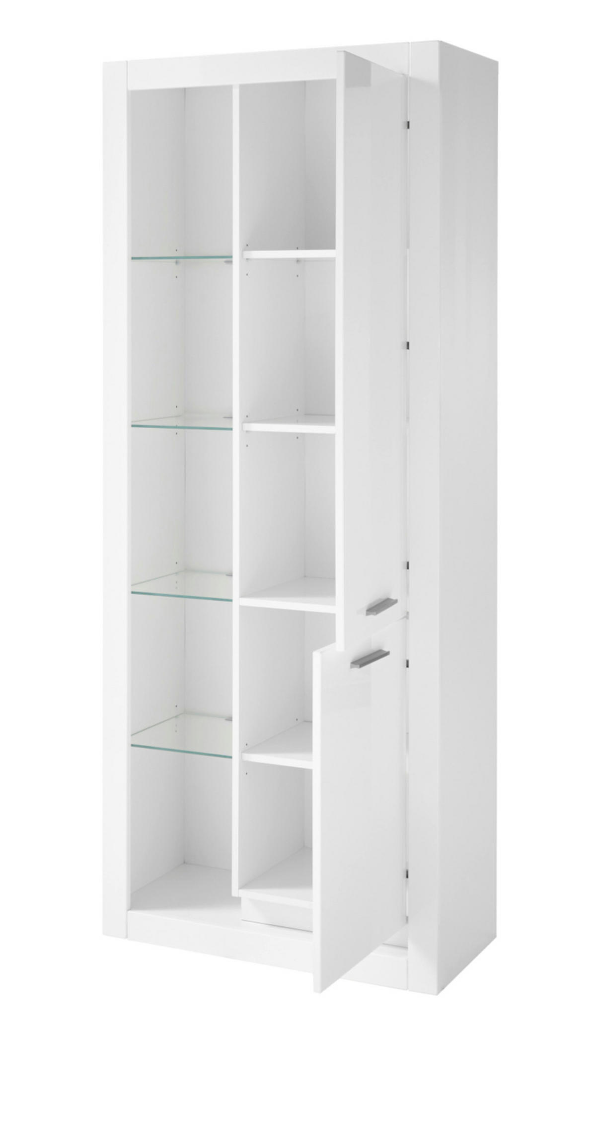 VITRINE weiß Hochglanz 80 x 195 cm, Vitrinenschrank mit 10 Fächern - Weiß Hochglanz/Silberfarben, Glas/Holzwerkstoff (80/195/37cm) - Furn.Design
