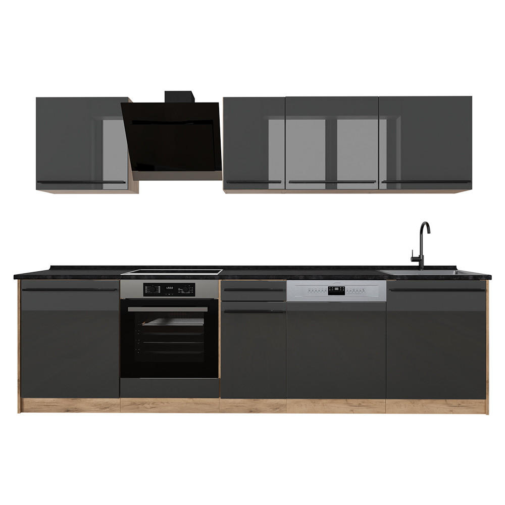 KÜCHENZEILE R-Line, Anthrazit Hochglanz/Goldkraft Eiche, 280 cm Arbeitsplatte Anthrazit - Honigeiche/Schwarz Hochglanz, Holzwerkstoff (280/206.8/60cm) - Vicco
