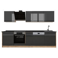 KÜCHENZEILE R-Line, Anthrazit Hochglanz/Goldkraft Eiche, 280 cm Arbeitsplatte Anthrazit - Honigeiche/Schwarz Hochglanz, Holzwerkstoff (280/206.8/60cm) - Vicco