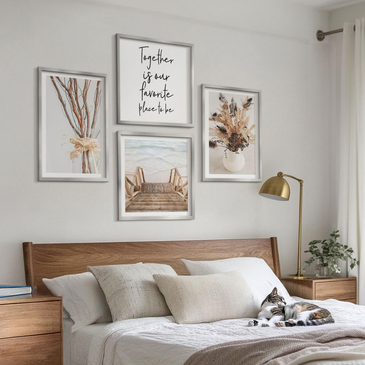 BILDER SET 4er Set - 50x50 cm & 40x60 cm Silberner Rahmen - Blumenzweige Minimalismus Natur - Silberfarben, Kunststoff (50/50cm) - TULUP