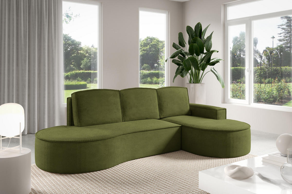 ECKSOFA MOLLY mit Schlaffunktion – Halbrund, freistehend, Liegefläche 140x207 cm, 3 Kissen, Curio-Stoff, 277x157x88 cm, Rechts, Grün - Olivgrün, Holz/Textil (277/157cm) - DomoHome