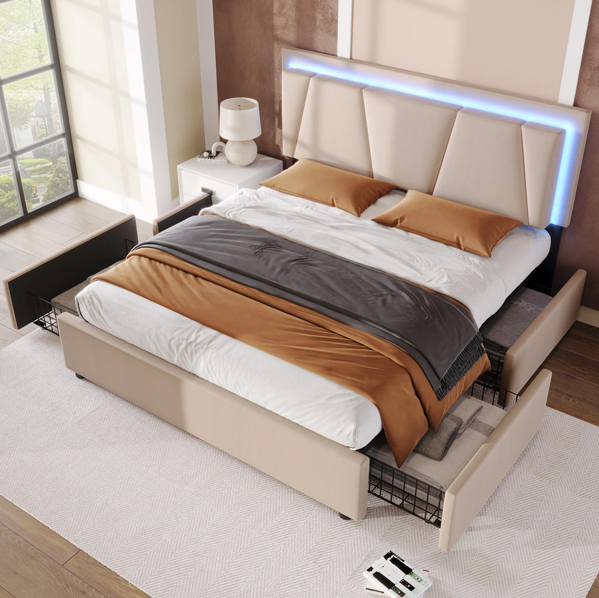 POLSTERBETT 140/200 cm Beige mit LED-Beleuchtung und 4 Schubladen - Beige, Holz (140/200cm) - Flora Grace