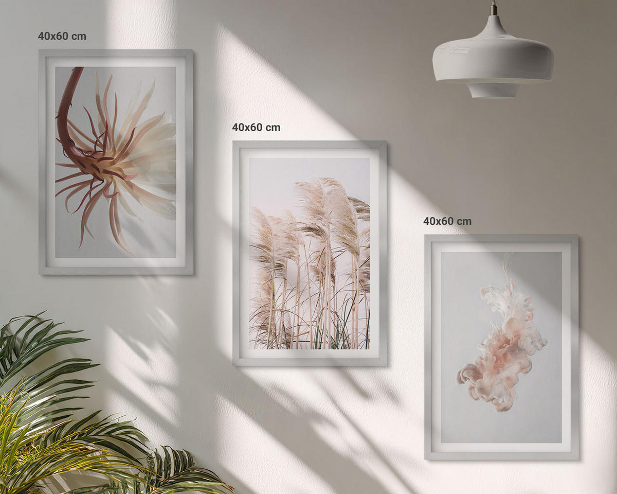 WANDBILDER 3er Set - 40x60 cm Silberner Rahmen - Set aus Gras, Blumen und hellem Hintergrund - Silberfarben, Kunststoff (40/60cm) - ArtPrintCave