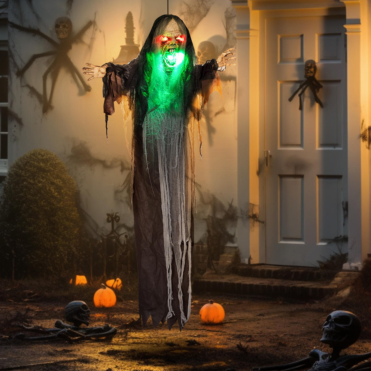 HALLOWEENSKÉ DEKORACE 183 cm Závěsné monstrum se zelenými LED světly, zvuková funkce - černá, plast (18/183/70cm) - HOMCOM
