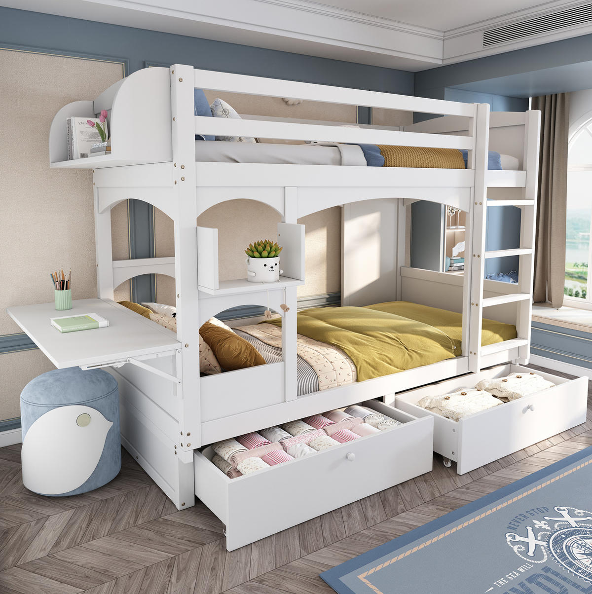 ETAGENBETT aus Massivholz und MDF 90x200 cm Weiß mit klappbarem Schreibtisch, Regal und 2 Schubladen - Weiß, Holz (90/200cm) - IVMEU