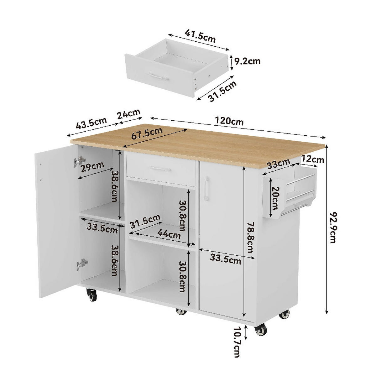KÜCHENINSEL auf Rollen mit klappbarer Arbeitsplatte, Weiß-Eiche, 136,5/67,5/92,8 cm - Weiß, Kunststoff (67.5/92.8/136.5cm) - Rolipo