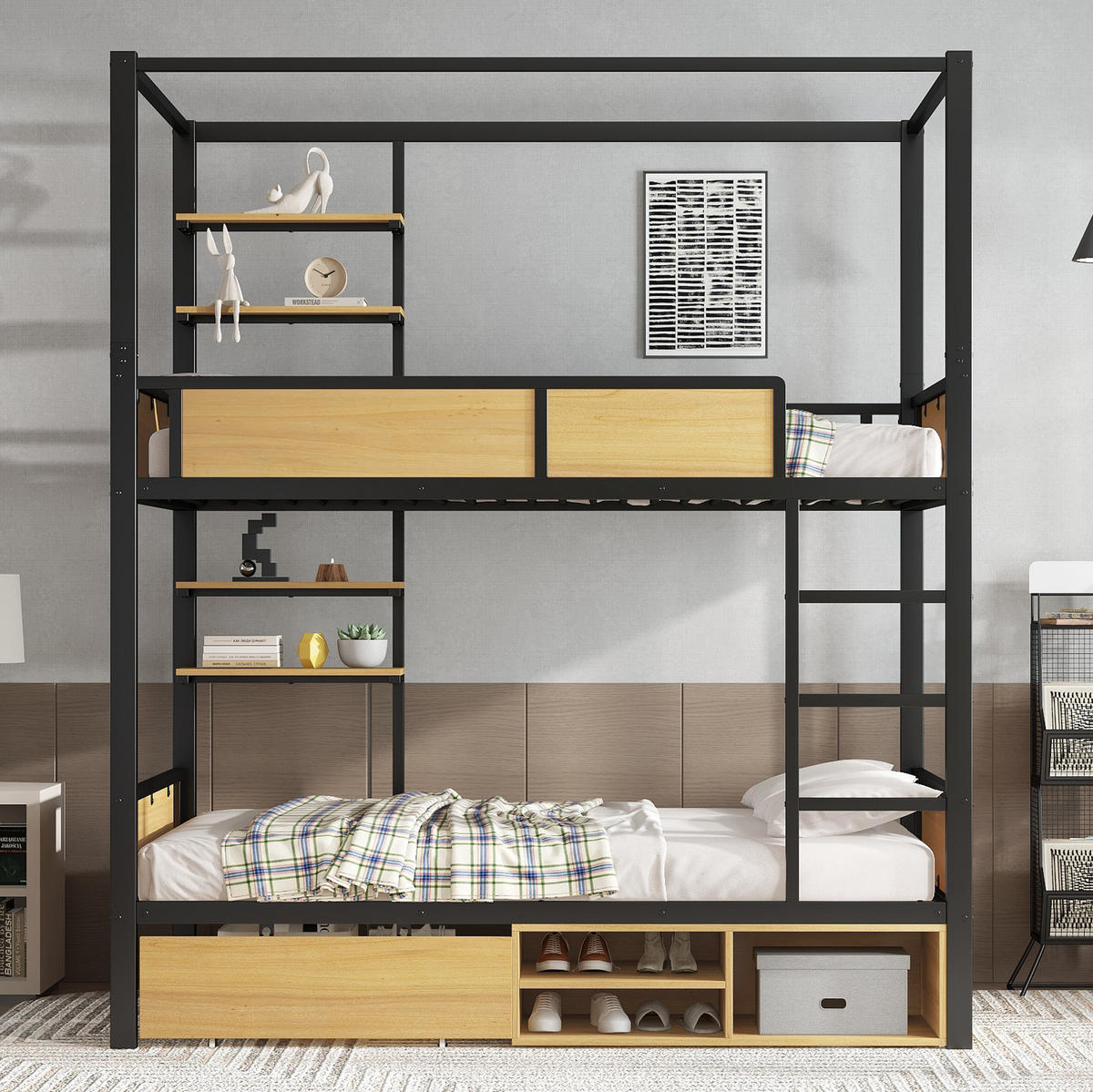 ETAGENBETT 90/200 cm aus Metall und MDF mit Stauraum & Ablagen - Schwarz, Holzwerkstoff (90/200cm) - Flora Grace