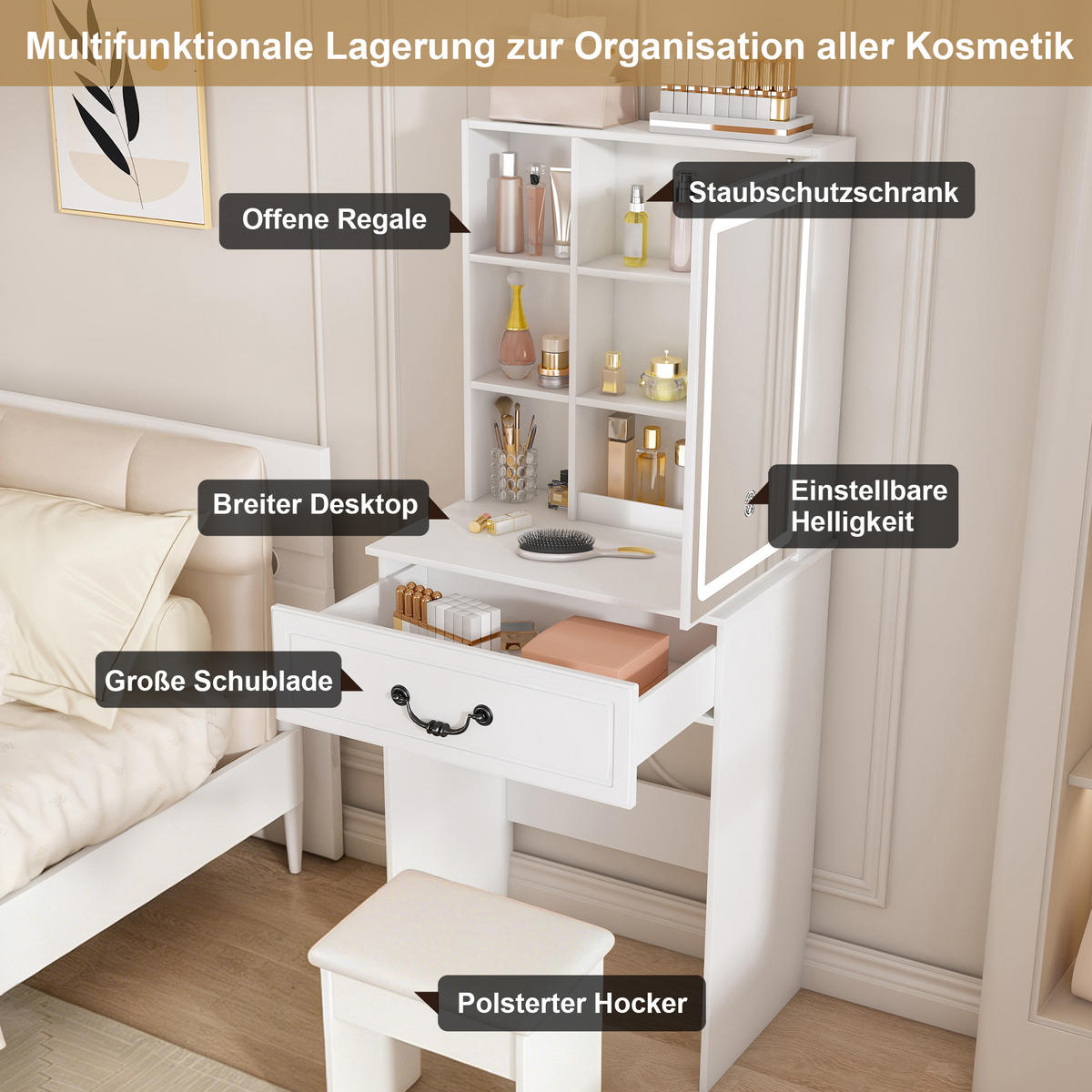 SCHMINKTISCH in Weiß Frisiertisch mit Hocker, Spiegel, LED und Stauraum, für kleine Schlafzimmer, B60/H131.5/T36cm - Weiß, Holzwerkstoff (60/131.5/36cm) - STILVORA
