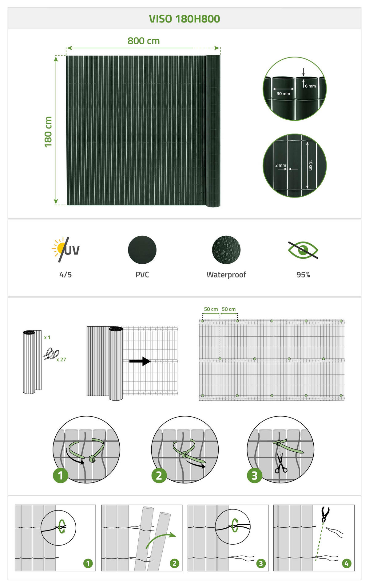 PVC Sichtschutzmatte VISO doppelseitig 8m x 1,8m Grün - Grün, Metall (800/180cm) - Casanoov