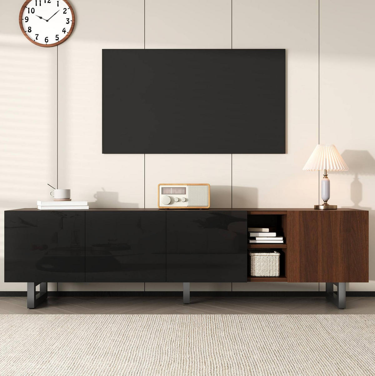TV skrinka 180/38/50 cm, čierna a prírodná, MDF, moderná minimalistická - svetlohnedá, kompozitné drevo (180/50/38cm) - BEAOK