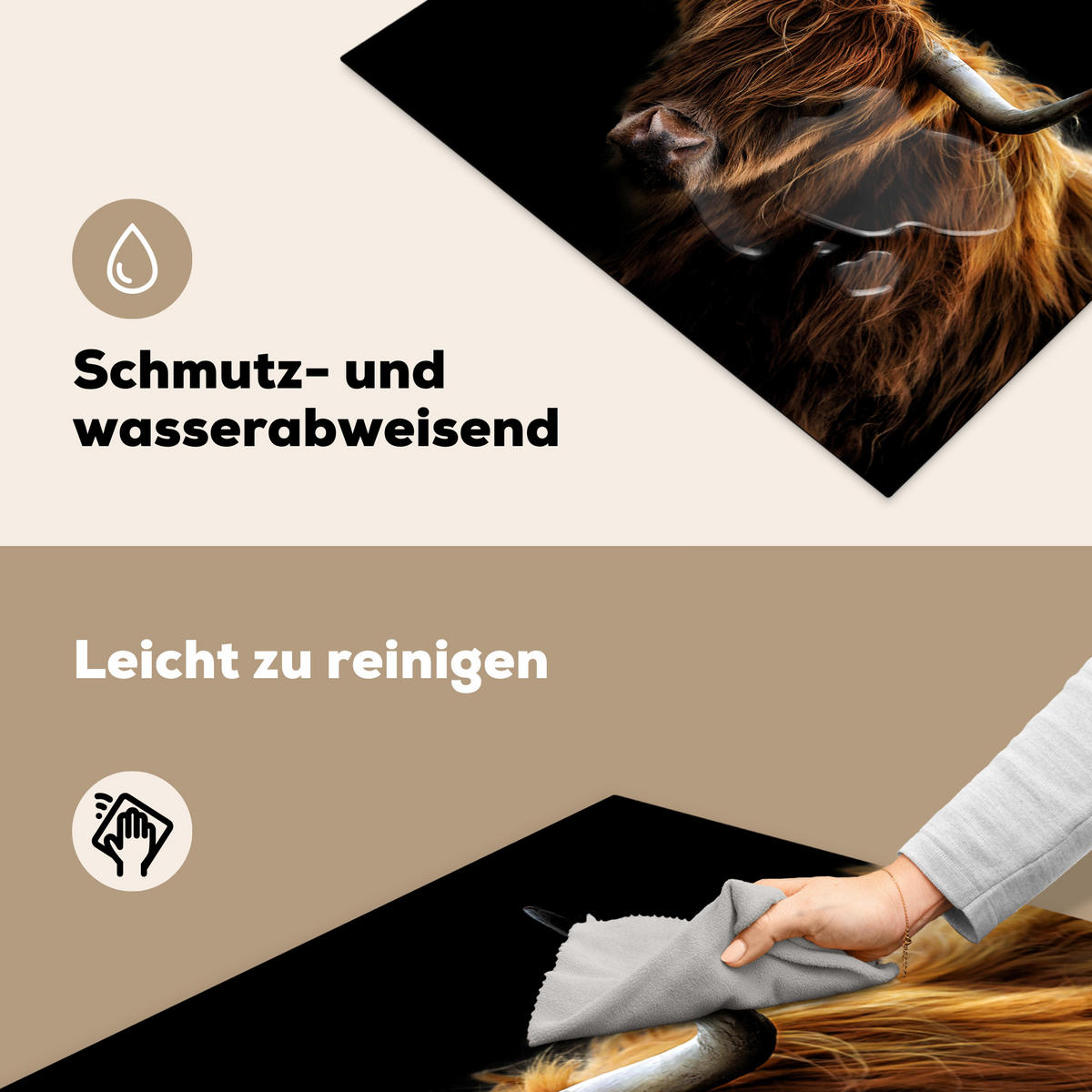 HERDABDECKPLATTE Schottischer Highlander - Hörner - Schwarz - Tiere - Natur - Wild - Kuh 77x59 cm - Cognac, Kunststoff (77/59/0.2cm) - MuchoWow