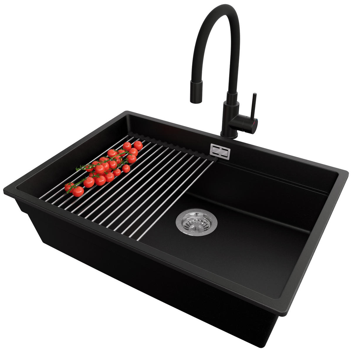 UNTERBAUSPÜLE GRANIT Praga, 2-er set Schwarz 66/47 cm 1 Becken + Küchenarmatur 40/38 cm + Ablauf-Set + Aufrollbare Abtropffläche ab 70er Unterschrank - Chromfarben/Schwarz, Kunststoff (66/20/47cm) - Primagran