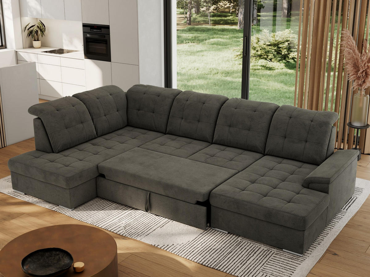 WOHNLANDSCHAFT MADRITO U - Dunkelgrau Velorus - Links - Dunkelgrau/Silberfarben, Textil/Metall (204/89/323cm) - MKS